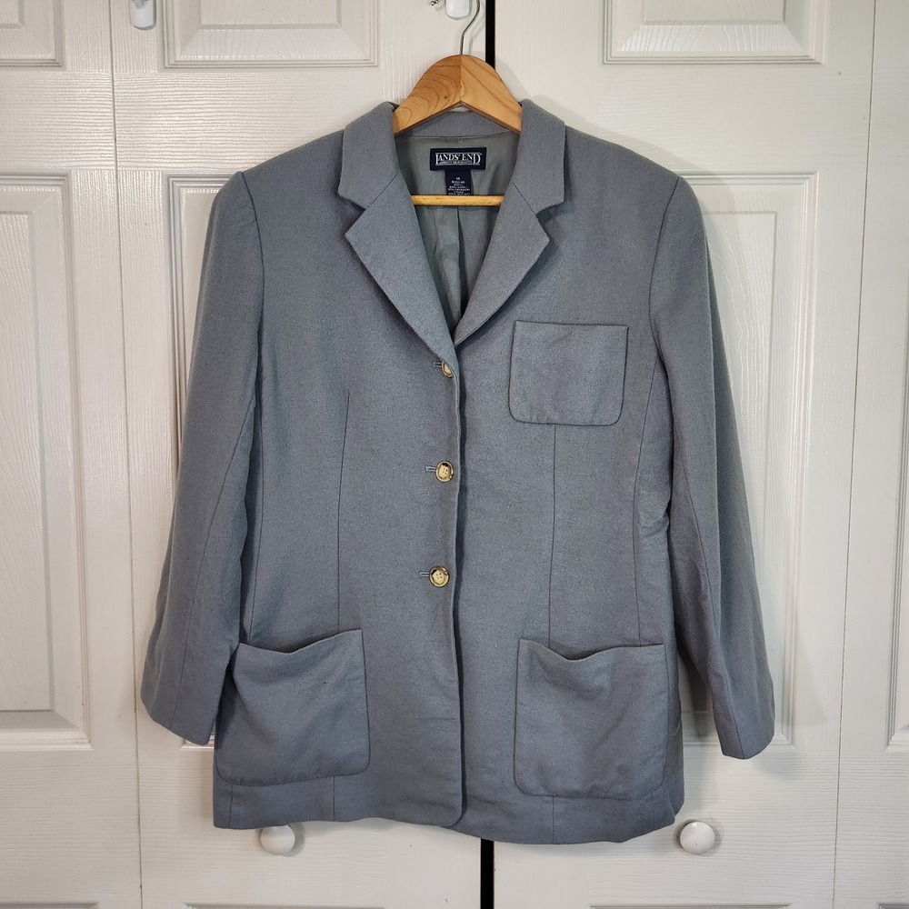 Vintage Lands End Womens 10 Blazer Jacket Blue/Gray Wool Cashmere Blend 3 Button
